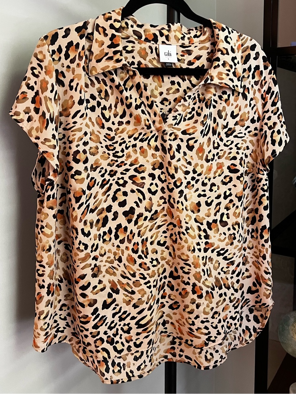 CAbi Beige and Black Leopard Print Short Sleeve Blouse